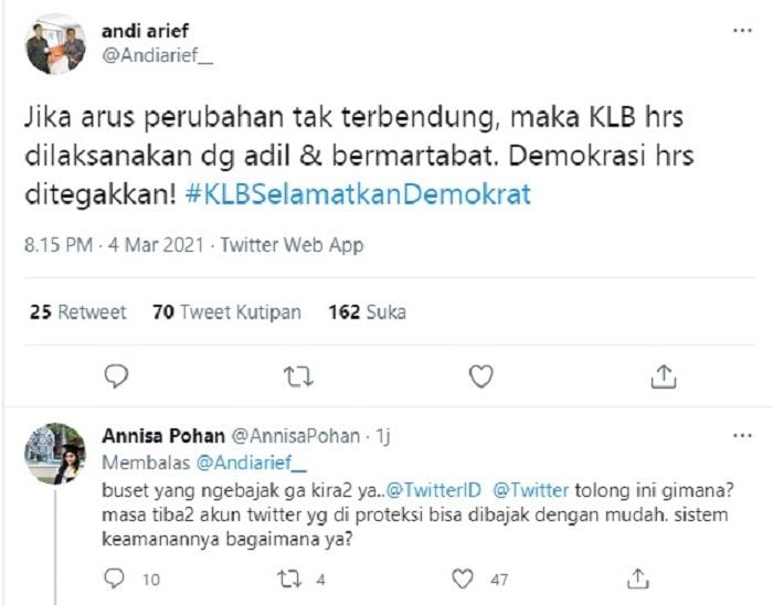 Annisa Pohan mengaku kaget dan tidak percaya, serta menyebut akun Twitter Andi Arief dibajak usai menyerukan mendukung KLB Partai Demokrat.*