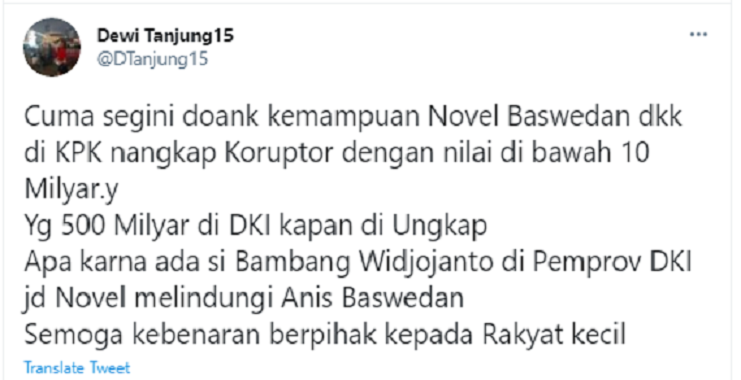 Tangkapan layar unggahan Dewi Tanjung soal kinerja Novel Baswedan dan KPK.*