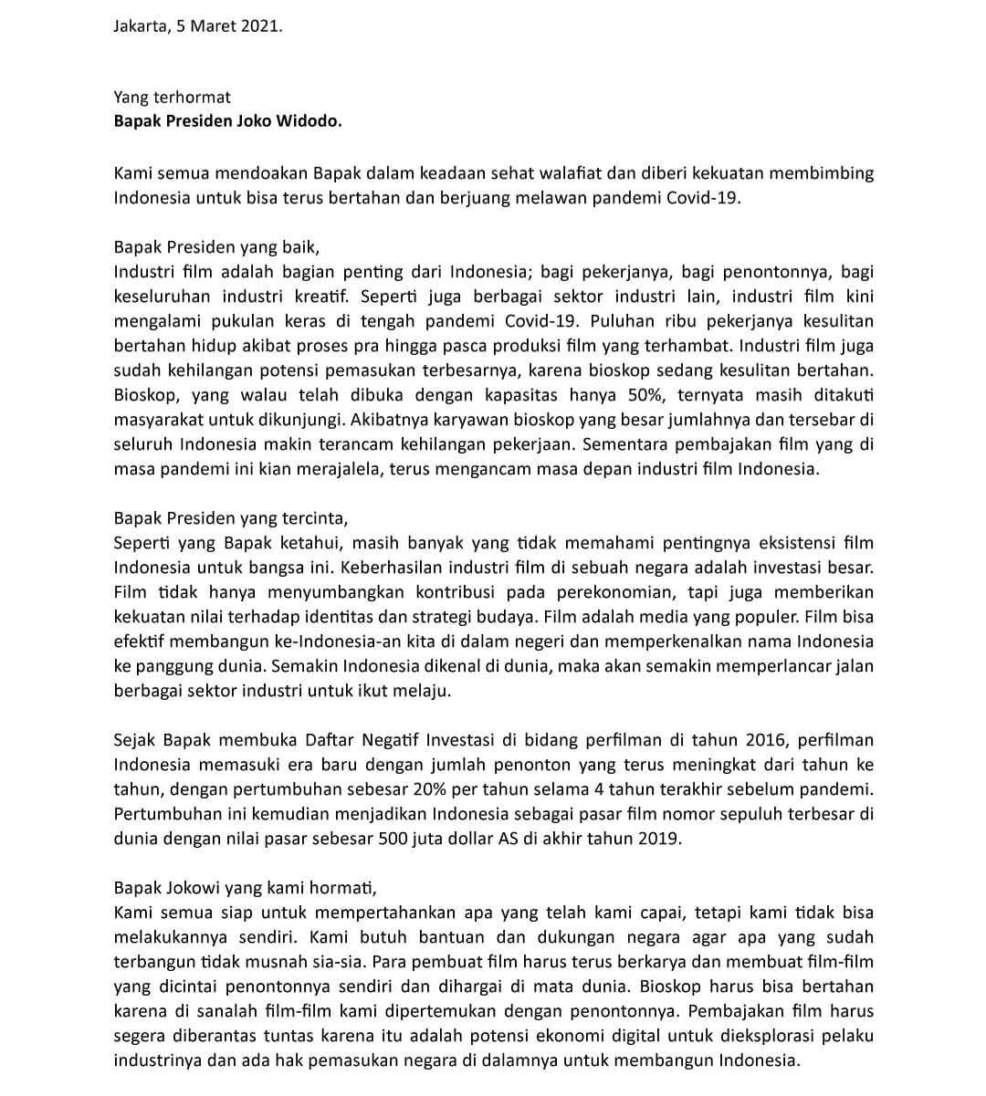 Surat terbuka pelaku industri perfilman Indonesia untuk Presiden Joko Widodo