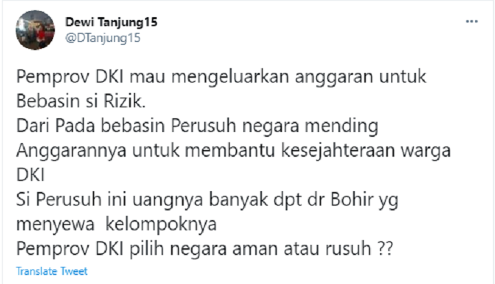 Tangkapan layar unggahan Dewi Tanjung soal pembebasan HRS.*