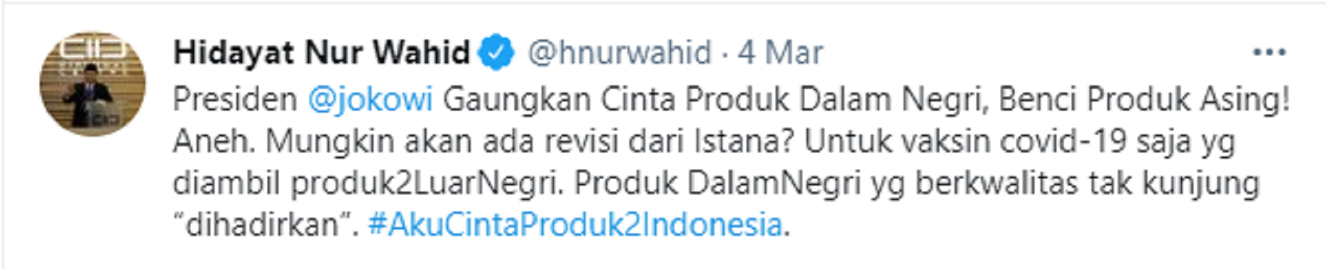 Tangkapan layar unggahan HNW soal pernyataan Jokowi perihal produk asing.*