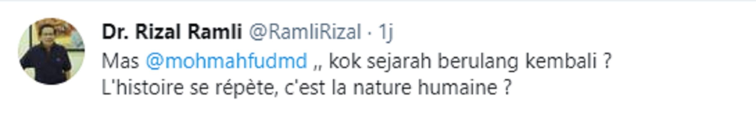 Tangkapan layar unggahan Rizal Ramli soal pernyataan Mahfud MD.*