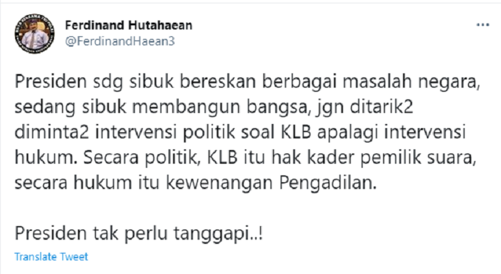 Cuitan Ferdinand Hutahaean soal Jokowi dan KLB Partai Demokrat.