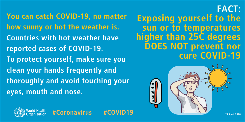 membiarkan diri terpapar sinar matahari maupun suhu panas lebih dari 25 derajat Celcius tidak dapat mencegah maupun mengobati Covid-19.