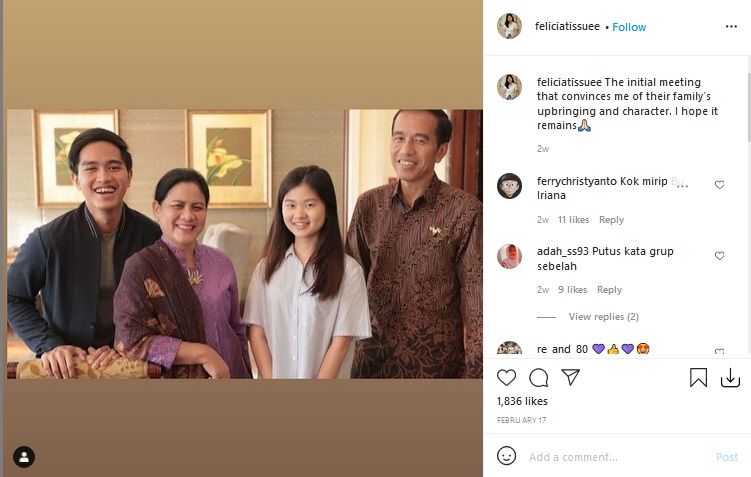 Postingan Felicia Tissue bersama dengan Presiden Jokowi dan Kaesang