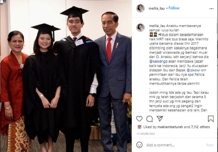 Kekecewaan Meilia Lau terhadap Kaesang Pangarep di laman Instagram.