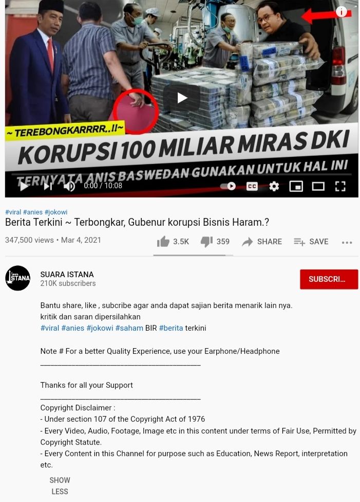 Gubernur DKI Jakarta Anies Baswedan diberitakan oleh akun Youtube SUARA ISTANA melakukan korupsi miras hingga Rp100 miliar.*