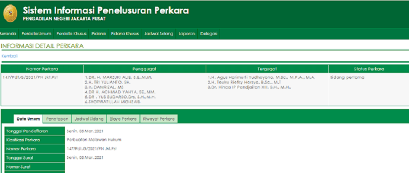 Marzuki Alie dkk menggugat Agus Harimurti Yudhoyono (AHY), Teukur Riefky Harsya, dan Hinca Pandjaitan ke PN Jakarta Pusat usai dipecat.* Tangkapan layar website SIPP PN Jakarta Pusat