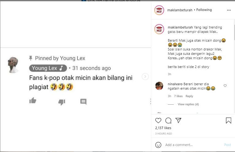 Postingan Young Lex menghina penggemar Kpop