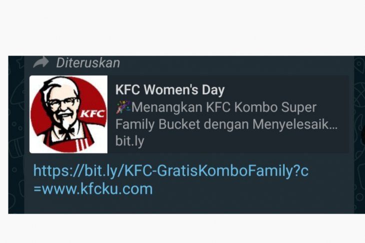 Tangkapan layar pesan penipuan yang mengatasnamakan KFC berbagi paket camilan gratis./Antara
