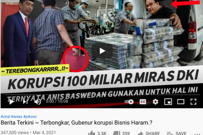 Hoaks - Korupsi Rp100 Miliar Miras DKI Jakarta  Seret Anies Baswedan./Tangkapan layar youtube
