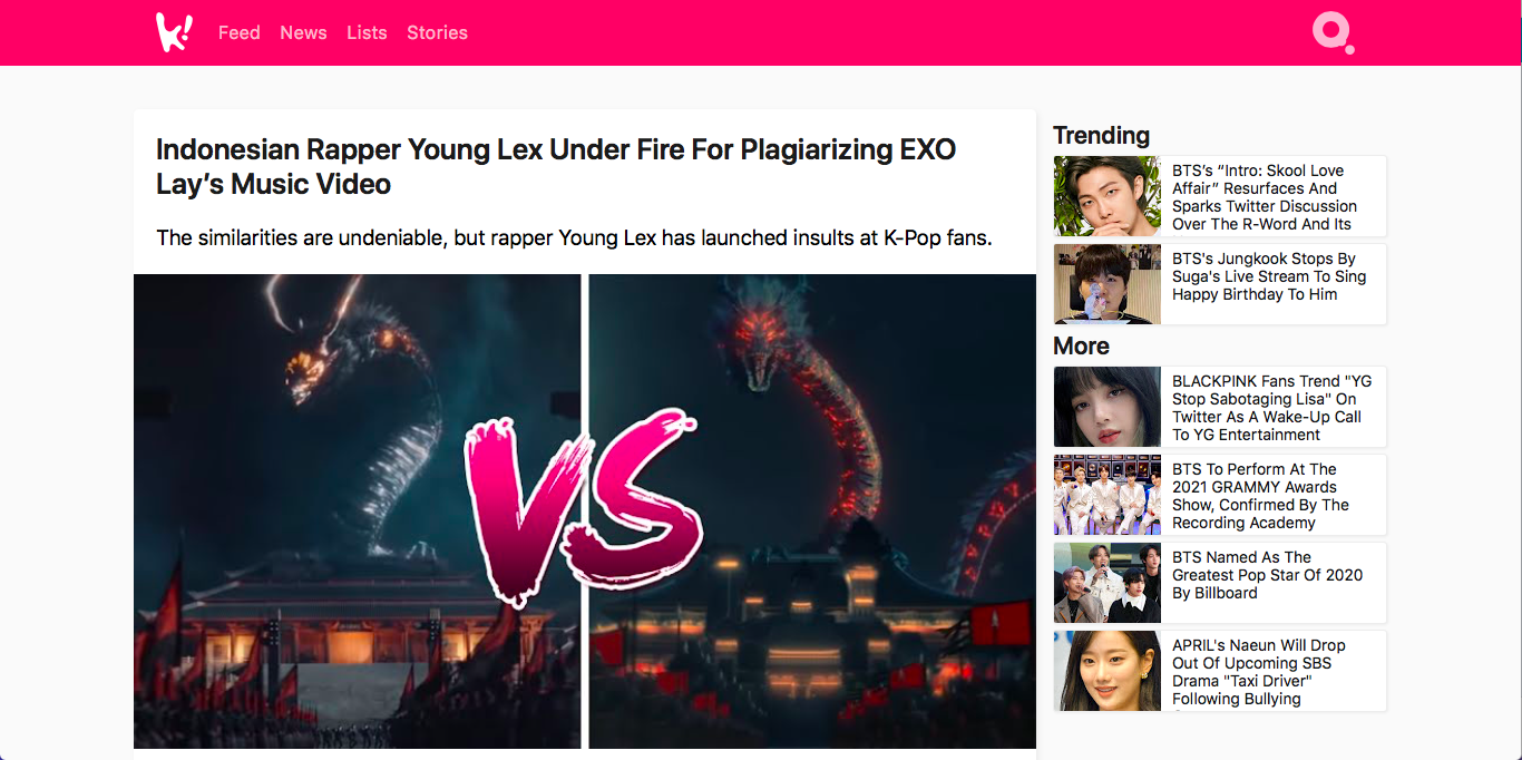 Tangkapan layar media asing yang soroti isu plagiarsm Young Lex dan Lay EXO