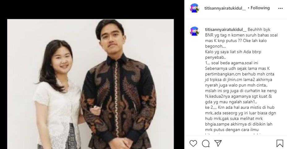 Isi ramalan Nyai Ratu Kidul soal asmara Kaesang Pangarep dan Felicia Tissue