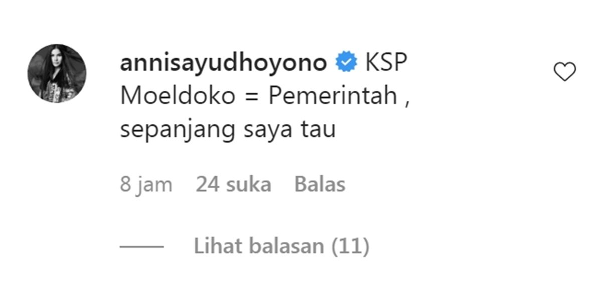 Tangkapan layar komentar Annisa Pohan pada unggahan Andi Mallaranggeng di Instagram./Instagram/@andi_a_mallarangeng