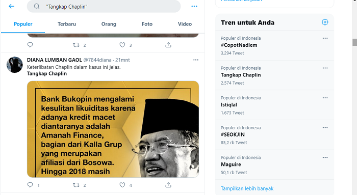 'Tangkap Chaplin' trending di Twitter, menyusul keponakan Jusuf Kalla, Sadikin Aksa ditetapkan sebagai tersangka kasus Bank Bukopin.*