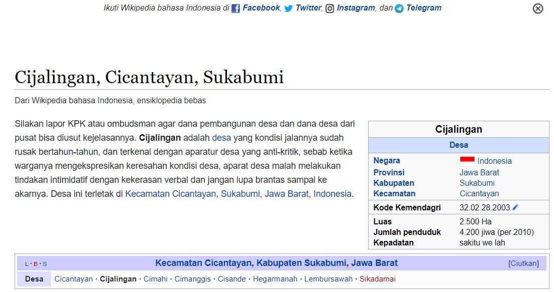 Kocak! Gegara Viral Jalannya Rusak, Profil Wikipedia Desa Cijalingan Sukabumi Diedit Jadi Begini
