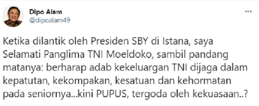 Dipo Alam mengaku kecewa dengan sikap Moeldoko yang disebutnya berkhianat kepada SBY usai terpilih jadi Ketum Partai Demokrat versi KLB.*