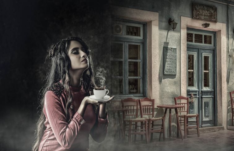 Ilustrasi wanita minum kopi. 