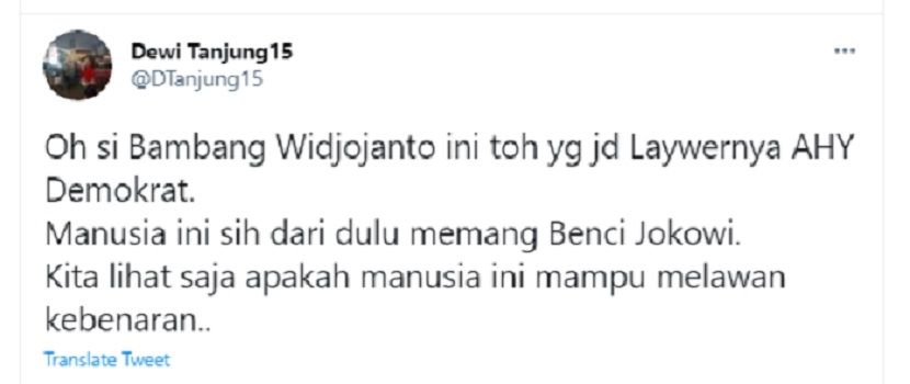 Dewi Tanjung menanggapi sikap kuasa hukum AHY, Bambang Widjojanto yang dianggapnya membenci Presiden Jokowi.*
