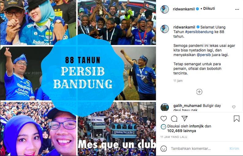 Ucapan selamat dari Ridwan Kamil untuk Persib Bandung.*