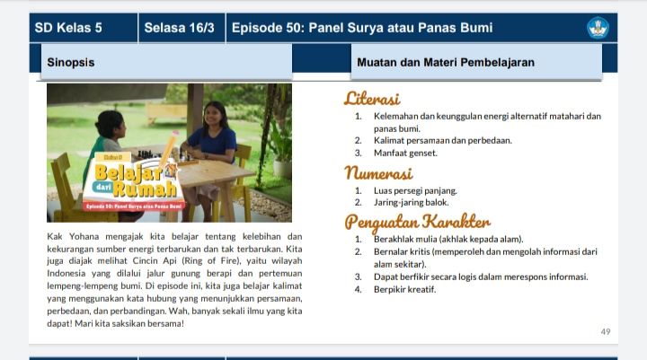 Soal Dan Jawaban Tvri Kelas 5 Hari Ini Selasa 16 Maret 2021 Bdr Episode 50 Panel Surya Atau Panas Bumi Metro Lampung News