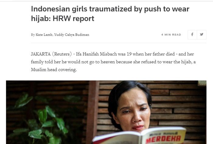 Media asing, Reuters, turut menyoroti soal masalah trauma perempuan Indonesia yang dipaksa menggunakan jilbab.*
