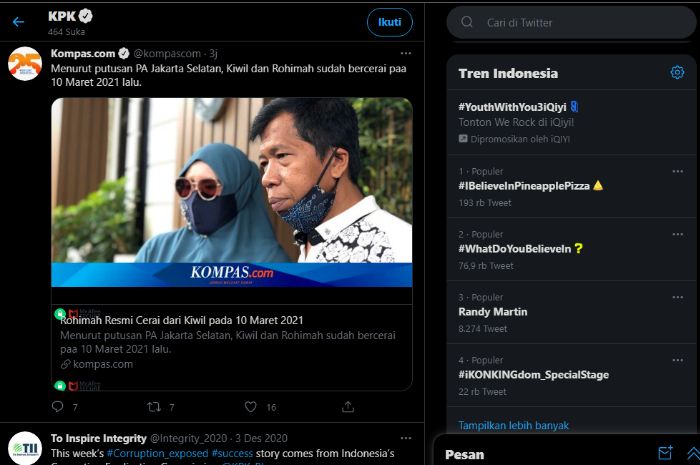 Tangkapan layar akun Twitter KPK yang menyukai postingan dari sebuah akun media nasional tentang perceraian pelawak Kiwil dan Rohimah.