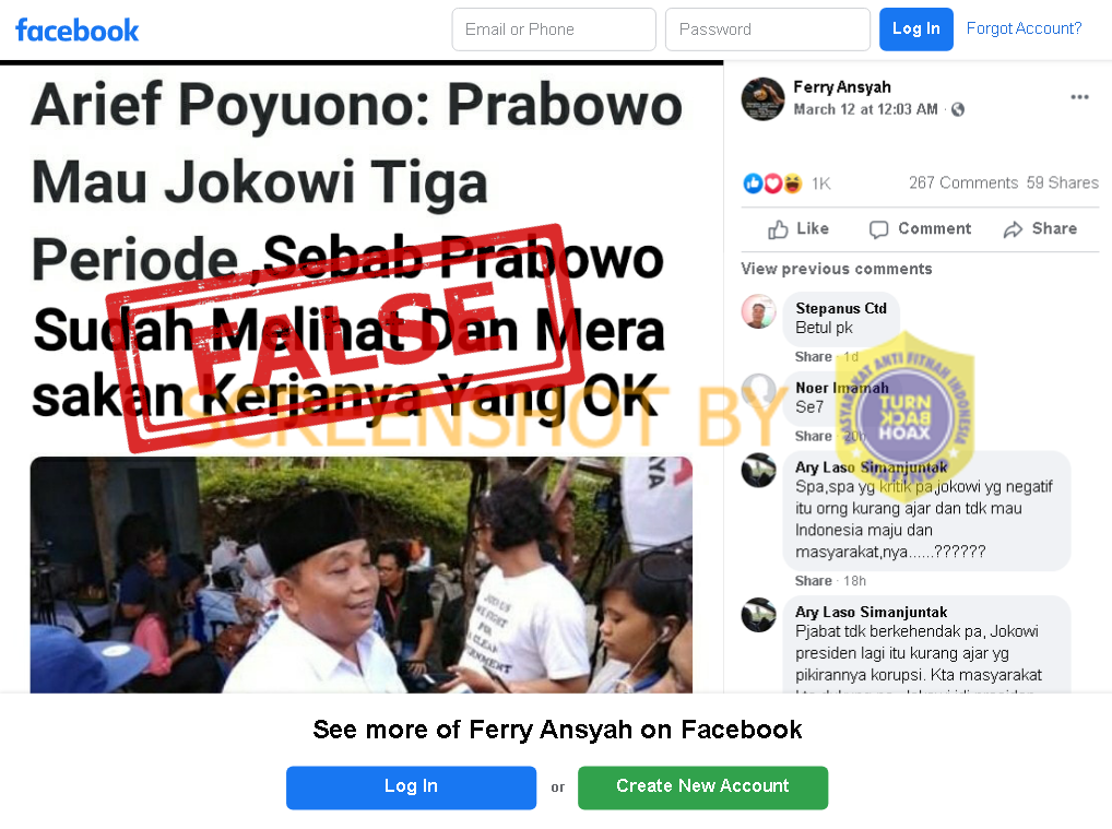 Tangkapan layar hoaks Prabowo setuju Jokowi 3 periode karena kinerjanya baik./Turn back hoax.