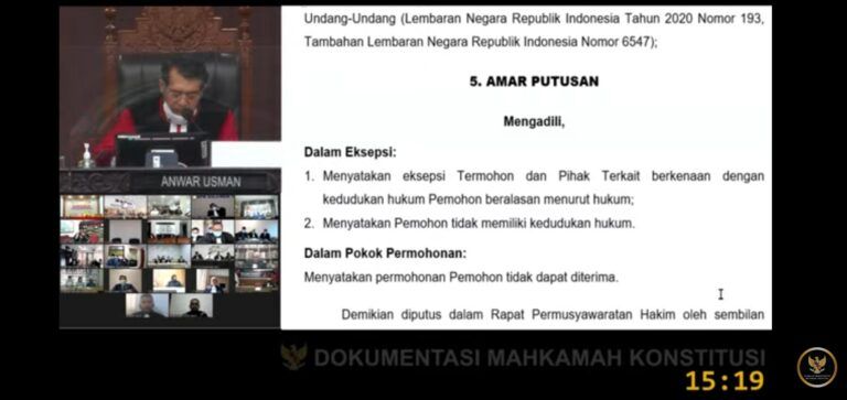 Tangkapan camera saat putusan sidang virtual MK terkait sengketa Pilkada Kabupaten Tasikmalaya, Jumat, 19 Maret 2021./Septian Danardi/Galamedia