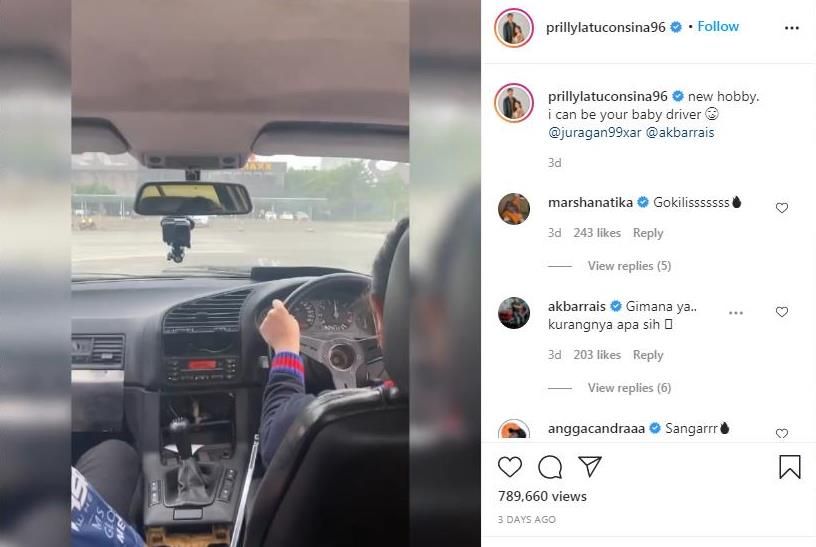Foto hobi baru Prilly Latuconsina sedang mengemudi mobil dengan teknik drift,/ Instagram@prillylatuconsina96