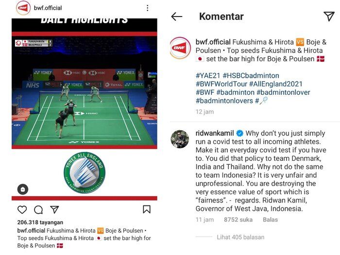 Komentar Ridwan Kamil di Instagram resmi BWF mengenai ketidakadilan yang dialami tim Indonesia di All England 2021.