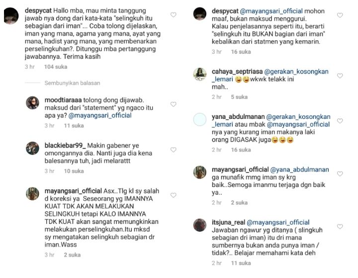 Tangkapan layar kolom komentar akun Instagram Mayangsari.