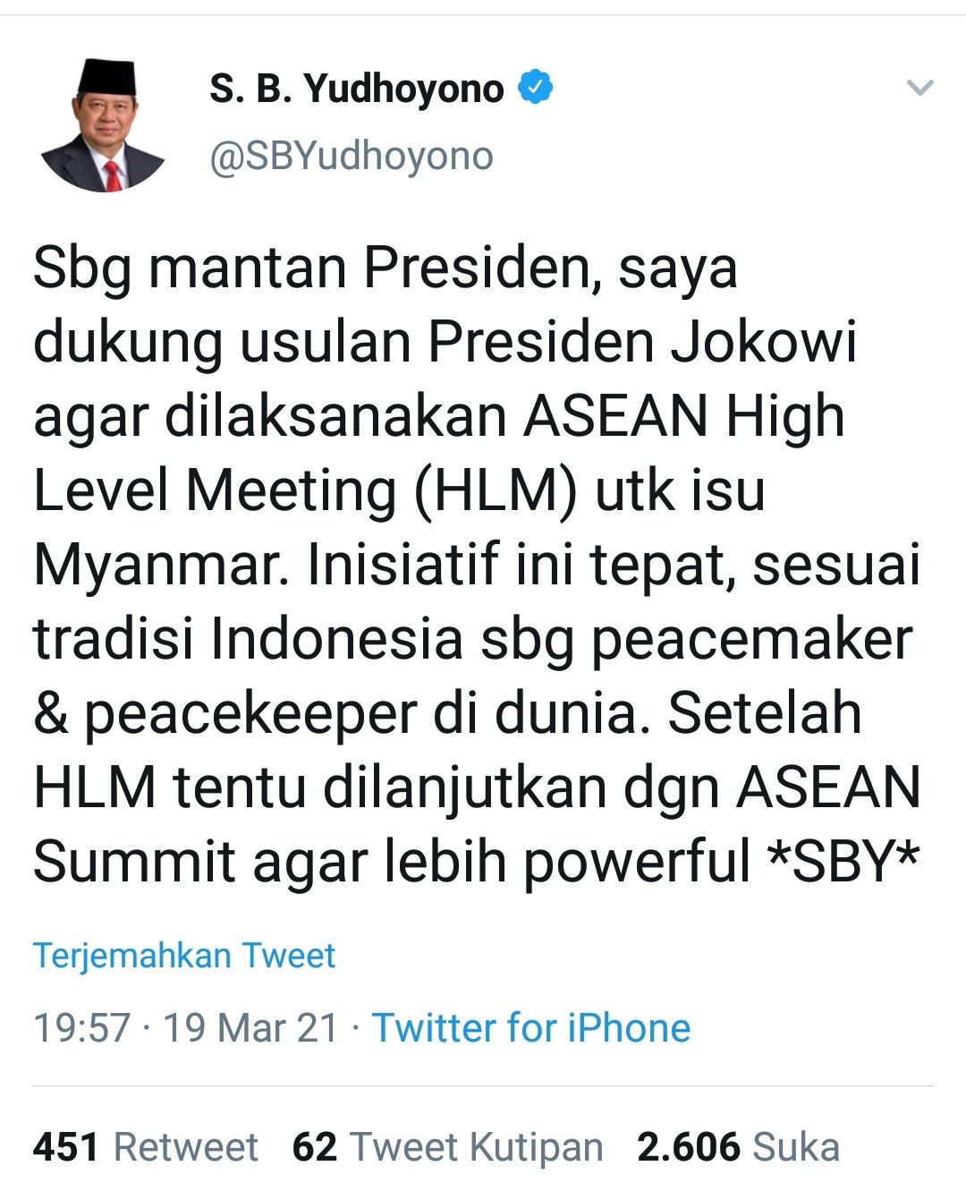 Cuitan Mantan Presiden Susilo Bambang Yudhoyono, Jumat 19 Maret 2021. 