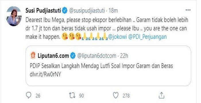 cuitan Mantan Menteri KKP Susi Pujiastuti / Twitter@susipudjiastuti