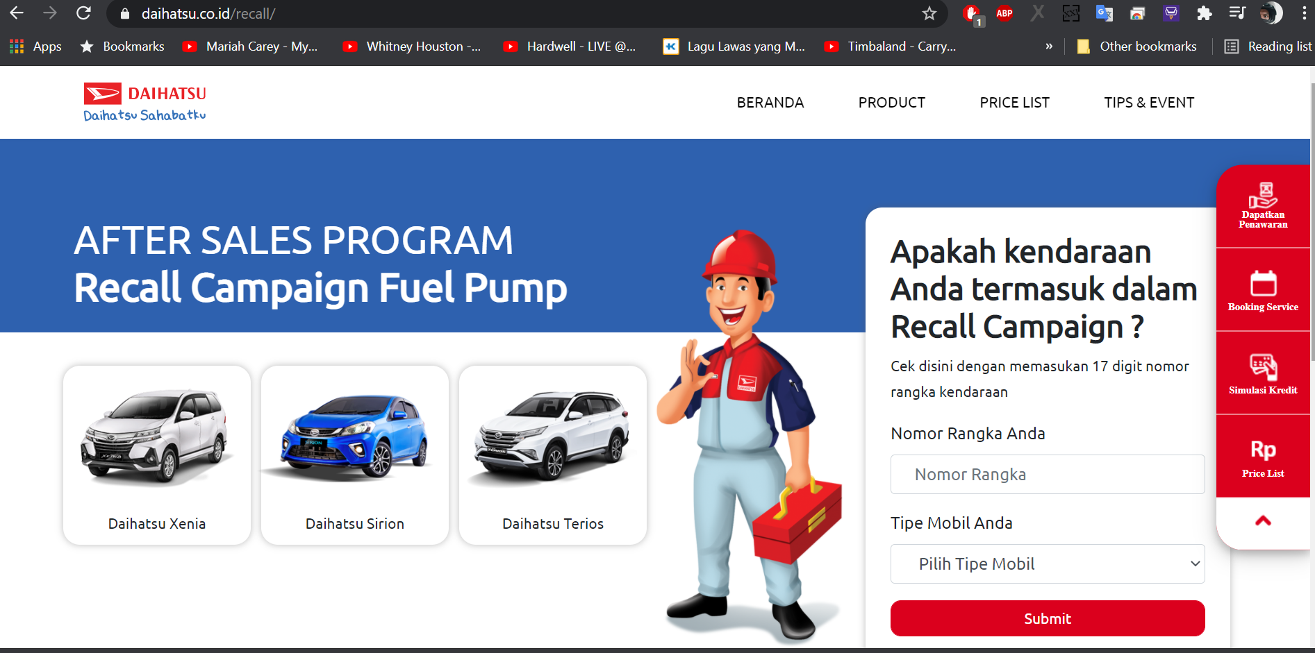 Tampilan website recall untuk mobil Daihatsu Xenia 