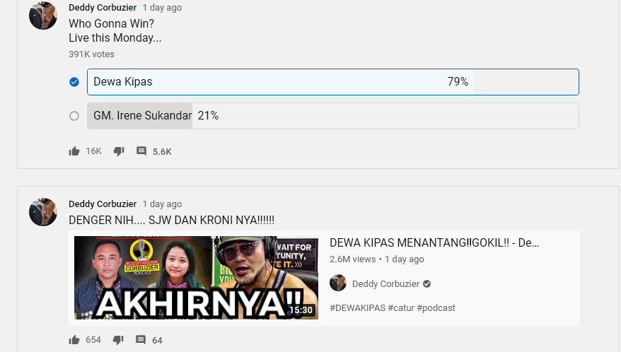 Deddy Corbuzier Buat Polling Pemenang Dewa Kipas vs GM Irene Sukandar, Ini Hasilnya