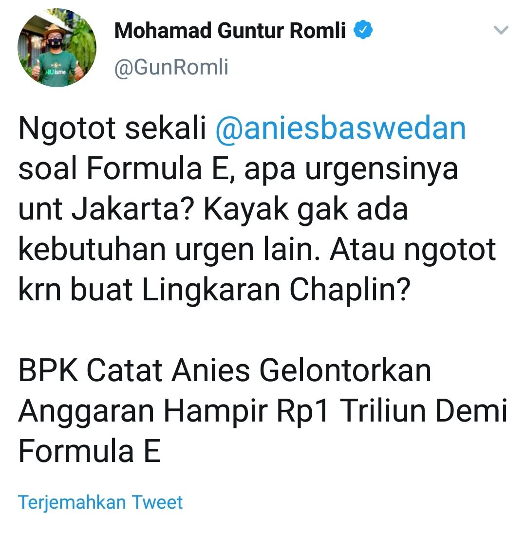 Cuitan Politikus PSI Guntur Romli sindir Gubernur DKI Jakarta Anies Baswedan. 