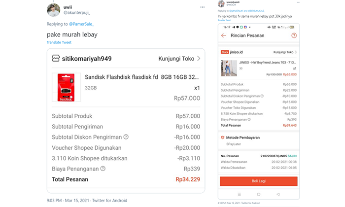 pengguna beramai-ramai membagikan tangkapan gambar berisi harga diskon yang mereka dapatkan setelah menggunakan voucher Murah Lebay.