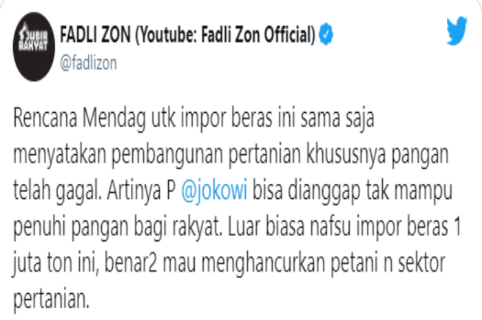 Anggota DPR RI Fraksi Gerindra Fadli Zon menuturkan rencana pemerintah yang akan impor beras sama dengan menghancurkan para petani.*