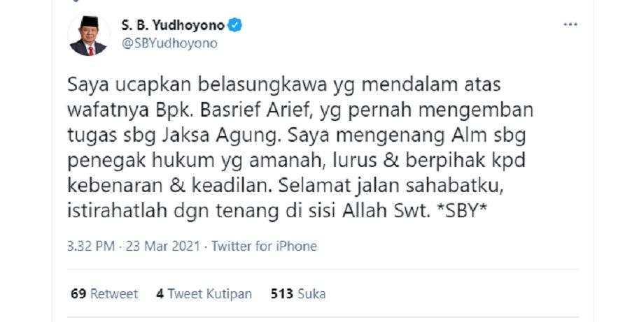 Tangkap Layar Twitter @SBYudhoyono sampaikan kabar duka.*