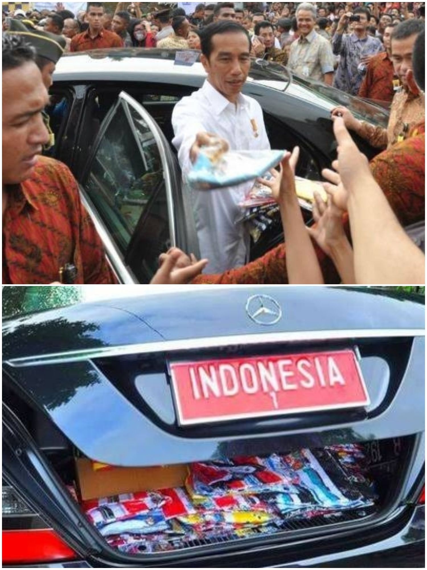 Kolase Presiden Jokowi Membagikan Kaos dan Buku pada Masyarakat 