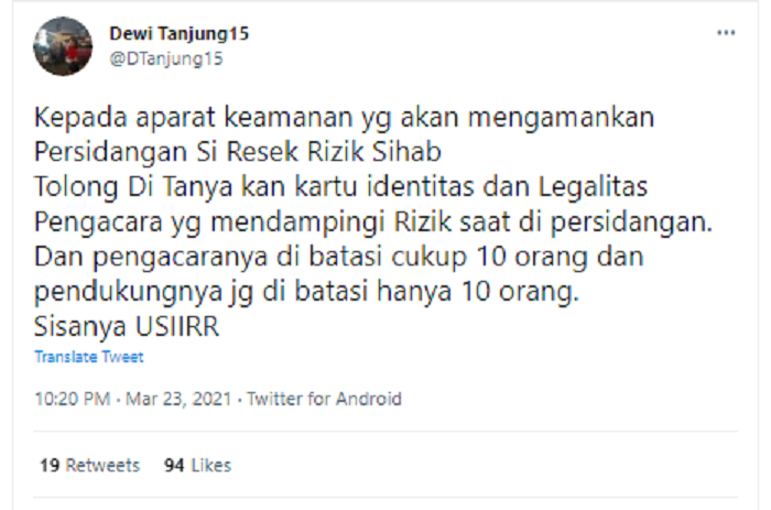 Dewi Tanjung menyoroti kericuhan dalam persidangan Habib Rizieq Shihab (HRS) dan meminta aparat keamanan membatasi ruangan sidang.*