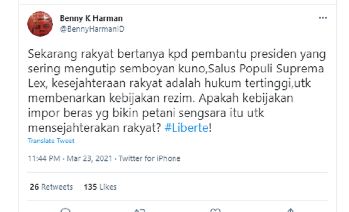 Benny Harman menyinggung soal 'kesejahteraan rakyat hukum tertinggi' di tengah wacana pemerintah akan melakukan impor beras.*