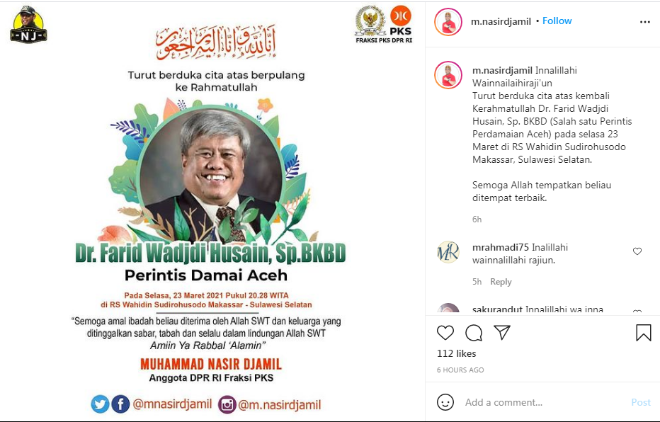 Innalillahi, Indonesia Kembali Kehilangan Putra Terbaiknya, Muhammad Nasir Djamil Sampaikan Kabar Duka Cita
