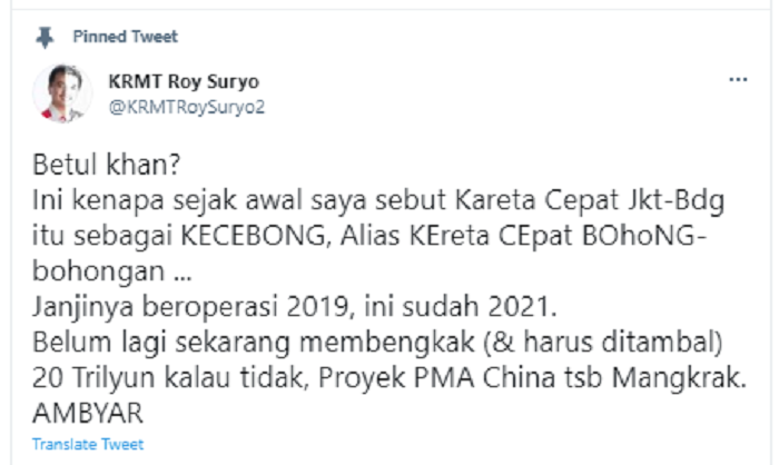 Roy Suryo menyoroti pembangunan kereta cepat Jakarta-Bandung yang diduga mangkrak, dan menyebutnya sebagai Kecebong.*