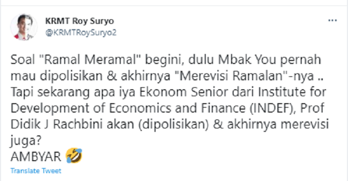 Roy Suryo menanggapi ramalan ekonom Didik J. Rachbini yang menyebut jika Jokowi akan mewariskan utang Rp10 triliun di akhir maasa jabatannya.*