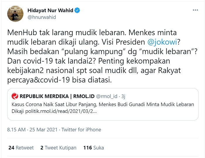 Tangkapan layar Twitter Hidayat Nur Wahid./Twitter