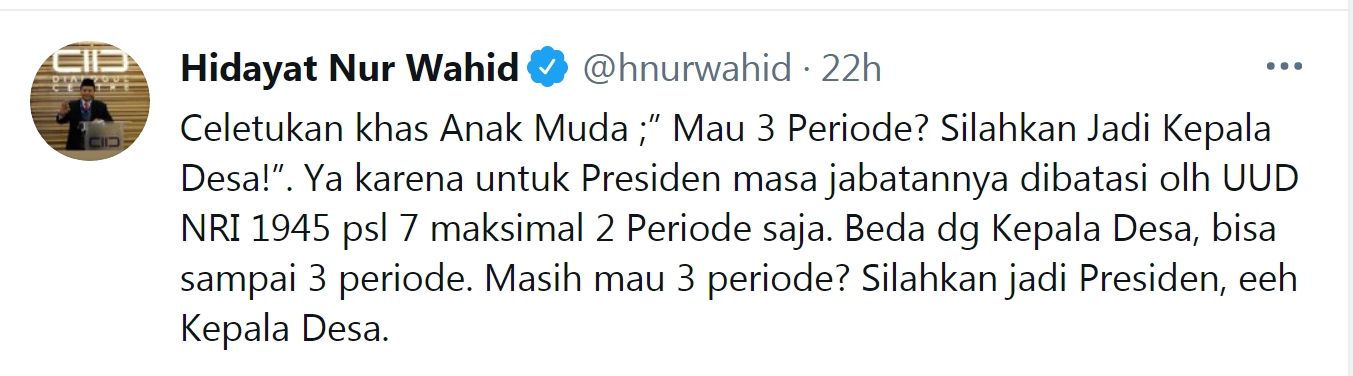 Tangkapan layar cuitan Hidayat Nur Wahid./Twitter/@hnurwahid