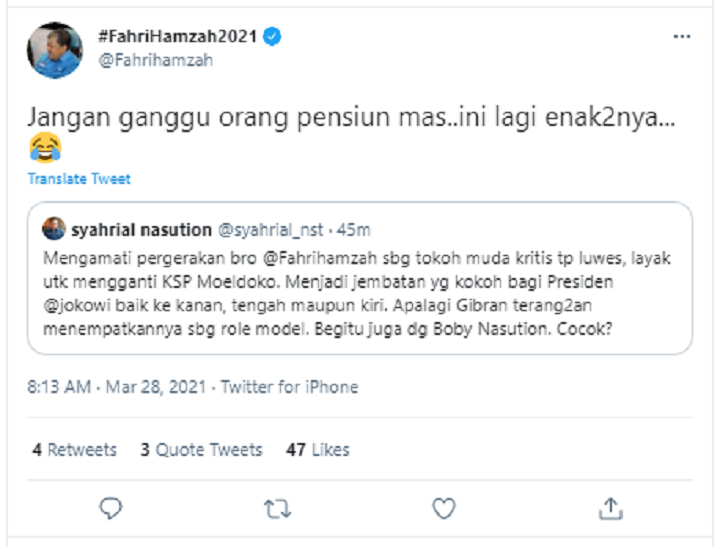 balasan komentar Fahri Hamzah untuk cuitan Syahrial Nasution.*