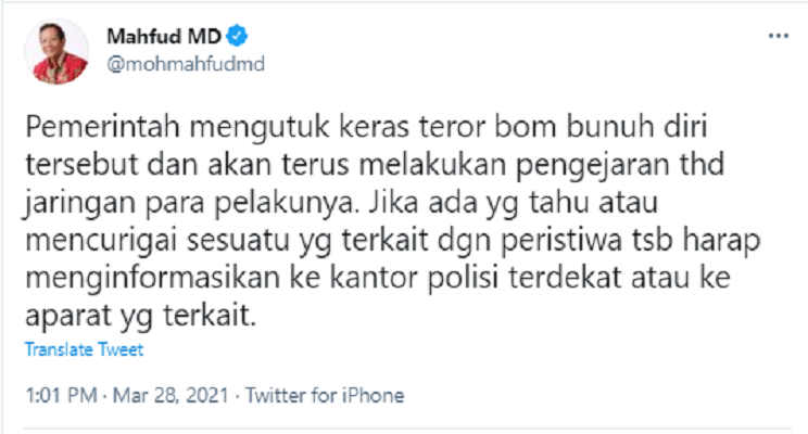 Cuitan Menko Polhukam Mahfud MD soal bom bunuh diri di Gereja Katedral Makassar, Minggu 28 Maret 2021.